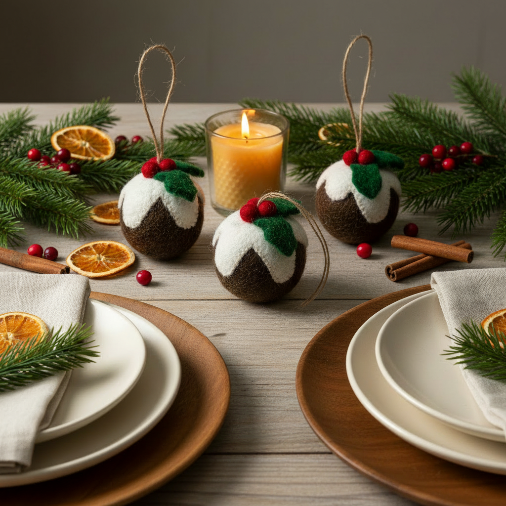 Handmade Felt Christmas Pudding Baubles Hanging Decoration