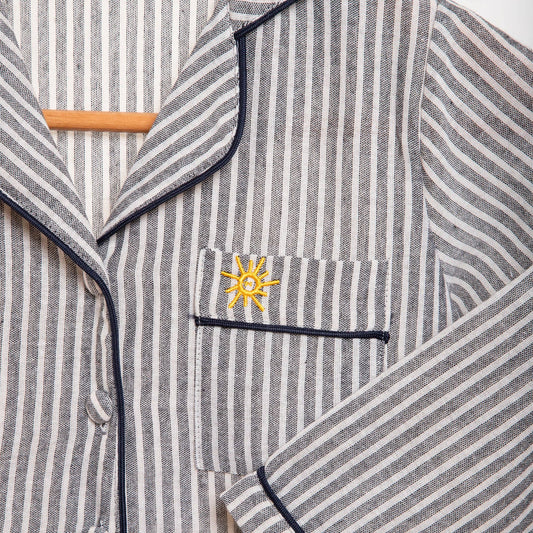 Spencer Classic Handmade Black and White Linen Striped Kids Pyjama Set