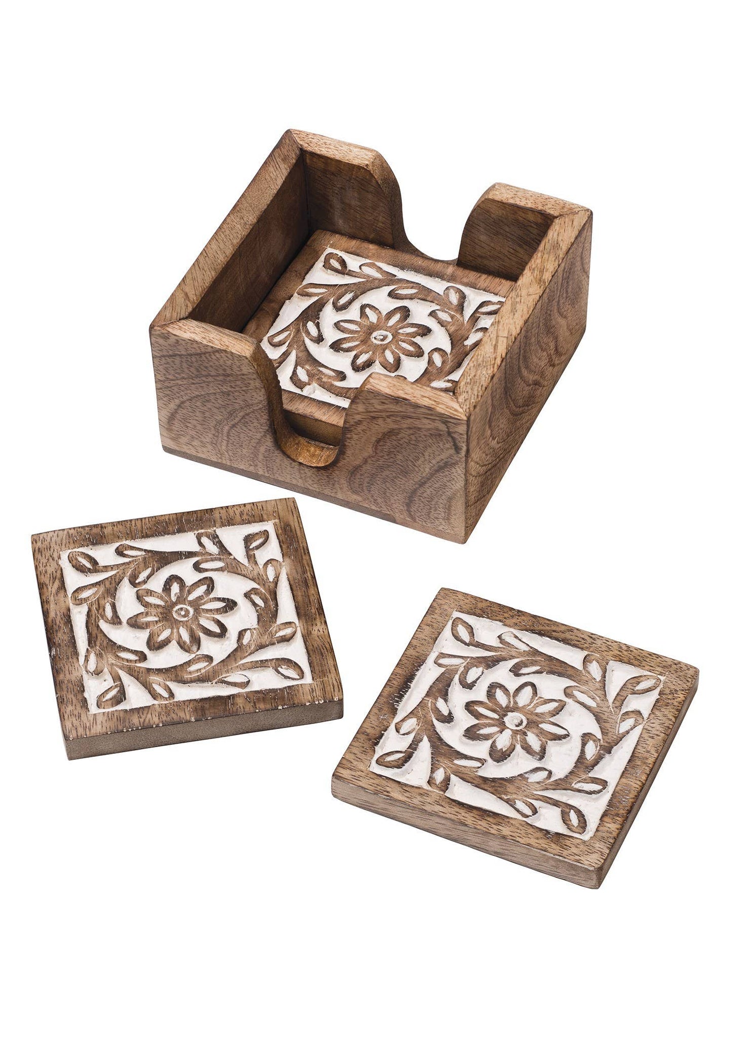 Set of 4 Daisy Carved Coasters in a Tray