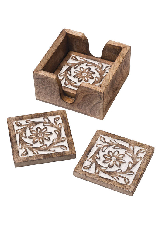 Set of 4 Daisy Carved Coasters in a Tray