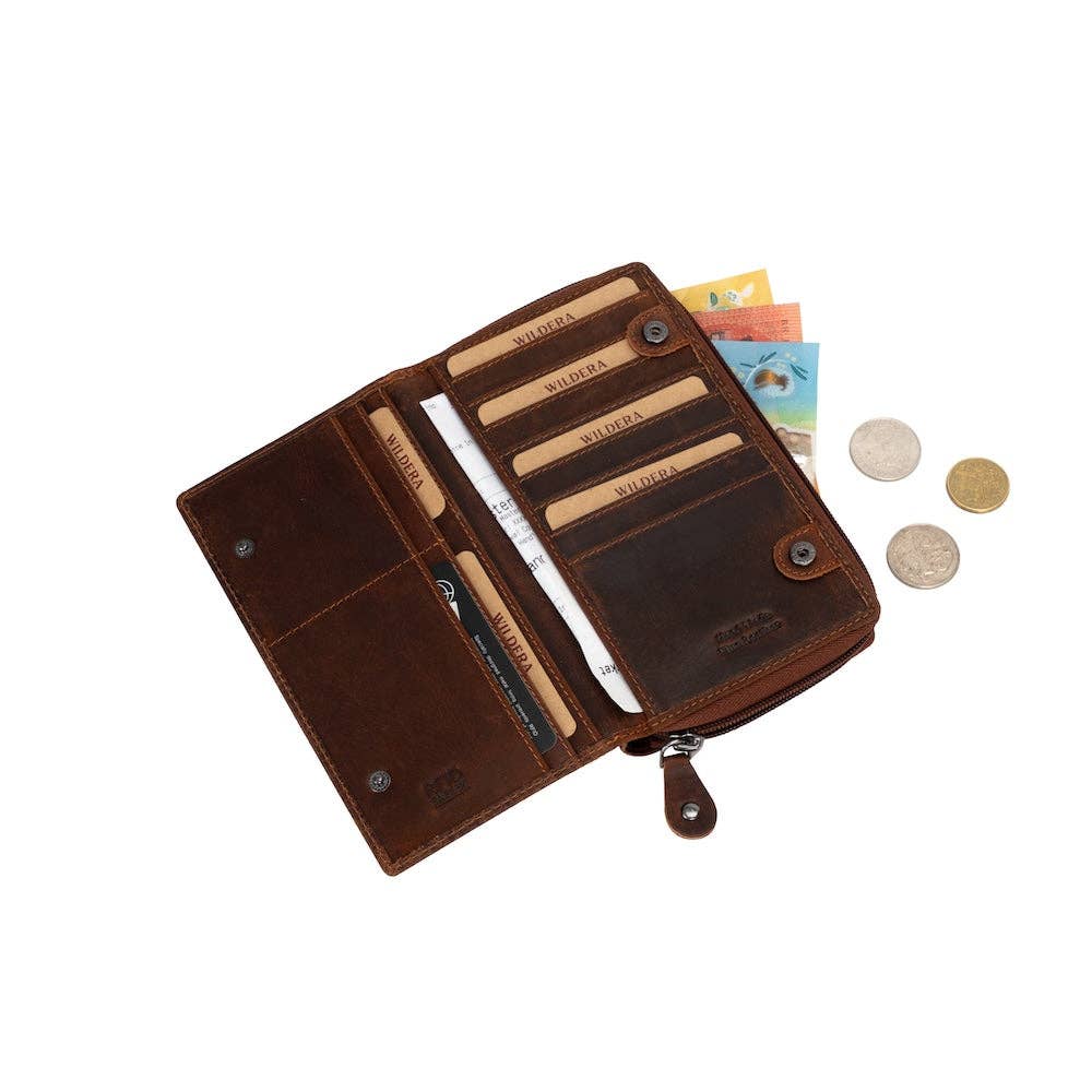 Wildera Leather “Aurora” Ladies’ Long Leather Wallet – Zip-Around RFID Wallet in Sandel