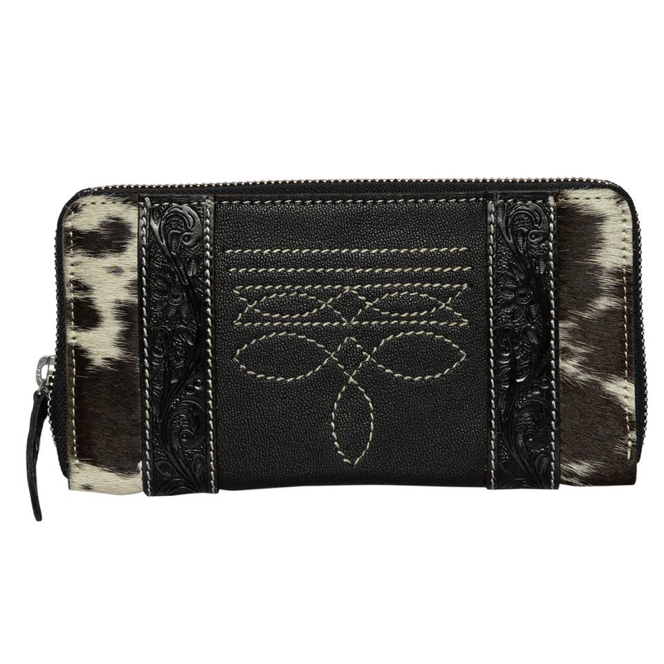 Cowhide & Tooling Leather Boot Stitch Zip Wallet