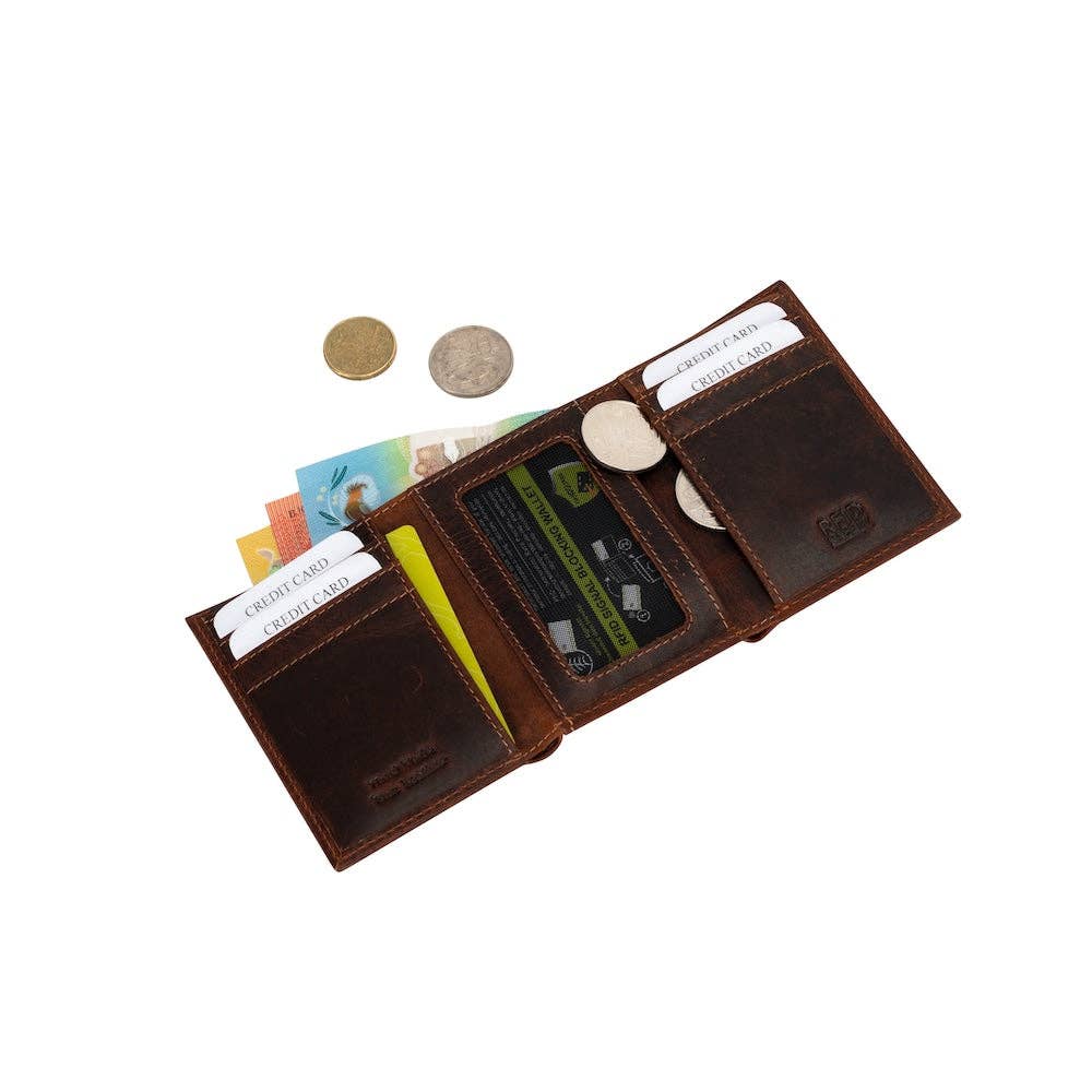 Greenwood Leather “Wellington” Men’s Tri-Fold RFID Leather Wallet – Sandel | Gift Box Included