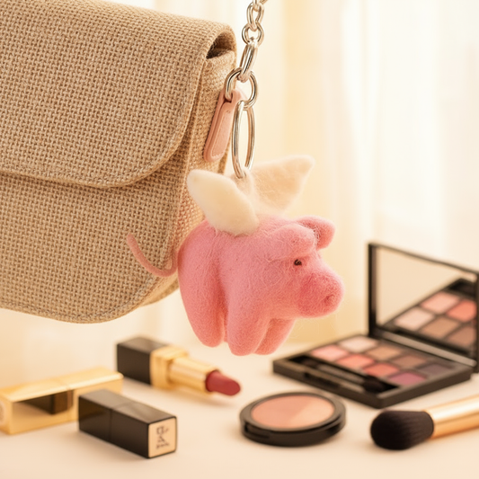 Handmade Fair trade Needle Felt Flying Pig Keyring